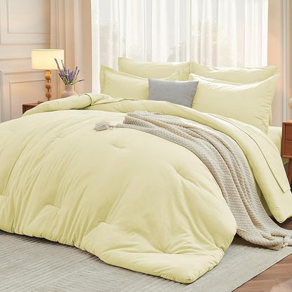 MUXHOMO 7 Pieces California King Comforter Set, Soft Bed in a Bag Cal King Size, All Season Bedding Set with Comforter, Flat Sheet, Fitted Sheet, Pillowcases & Shams, Cream Yellow