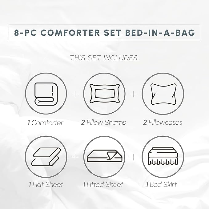 Elegant Comfort 8-Piece Pinch Pleated Comforter Set - All Season Complete Bed in a Bag, Includes 4pc Smart Sheet Set, Bed Skirt, Comforter, Matching Pillowcases and Shams, King/Cal King, Light Gray