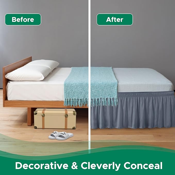 Biscaynebay Wrap Around Bed Skirts for King & Cal King Beds 21" Long Drop, Dark Grey Adjustable Elastic Dust Ruffles Easy Fit Wrinkle Resistant Silky Luxurious Fabric Machine Washable