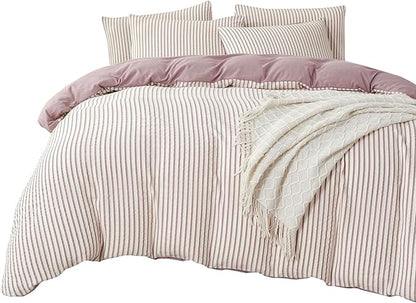 Comforter Set Queen Size Soft Luxury Washed Microfiber Jacquard 3 Pieces Bedding, White Grayish Purple Vertical Ticking Stripes Pattern Comforter with 2 Pillowcases Breathable Durable Comfy