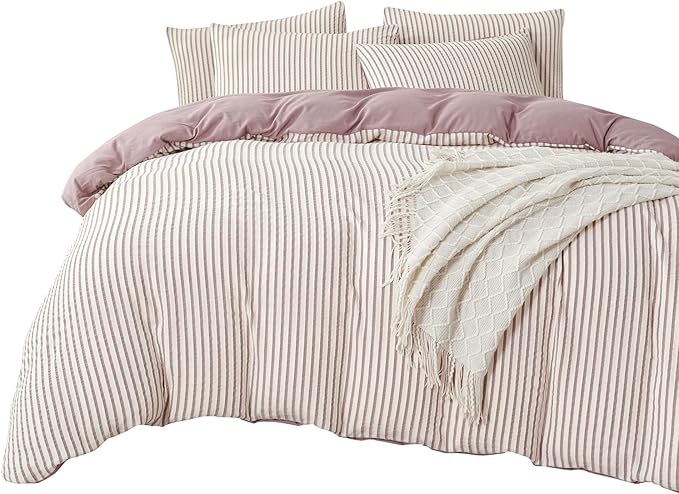 Comforter Set King Purple Soft Luxury Washed Microfiber Jacquard 3 Pieces Bedding, White Grayish Purple Vertical Ticking Stripes Pattern Comforter with 2 Pillowcases Breathable Durable Comfy
