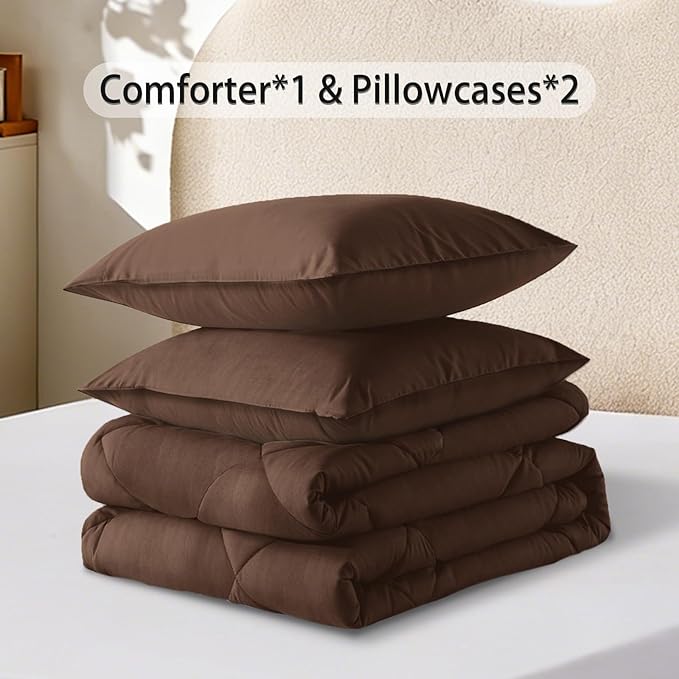3-Piece King Comforter Set,All-Season,Soft & Hypoallergenic &Breathable Bedding,Polyester Quilted,Down Alternative(Comforter*1 & Pillowcases*2),Chocolate