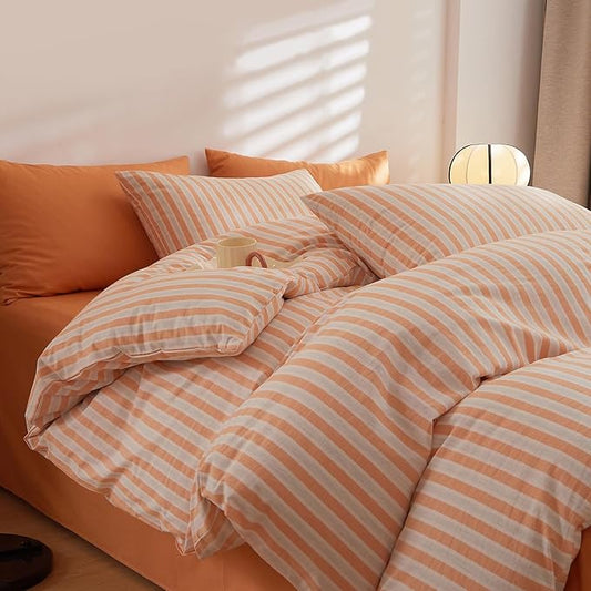 HighBuy Gingham Queen Size Comforter Set Orange Grey Striped (90x90 Inch) Gingham Comforter Set 3 Pieces Modern Chic Comforter Bedding Set Striped Queen Geometric Fluffy Home Decoration
