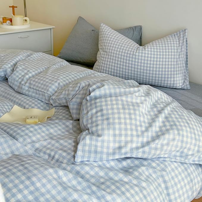 Blue Gingham Duvet Cover Twin Washed Cotton Boho Comforter Cover Twin Cute Soft Plaid Chic Duvet Cover Set with Hidden Zipper Coquette Farmhouse Bedding Set Aesthetic Duvet Protector