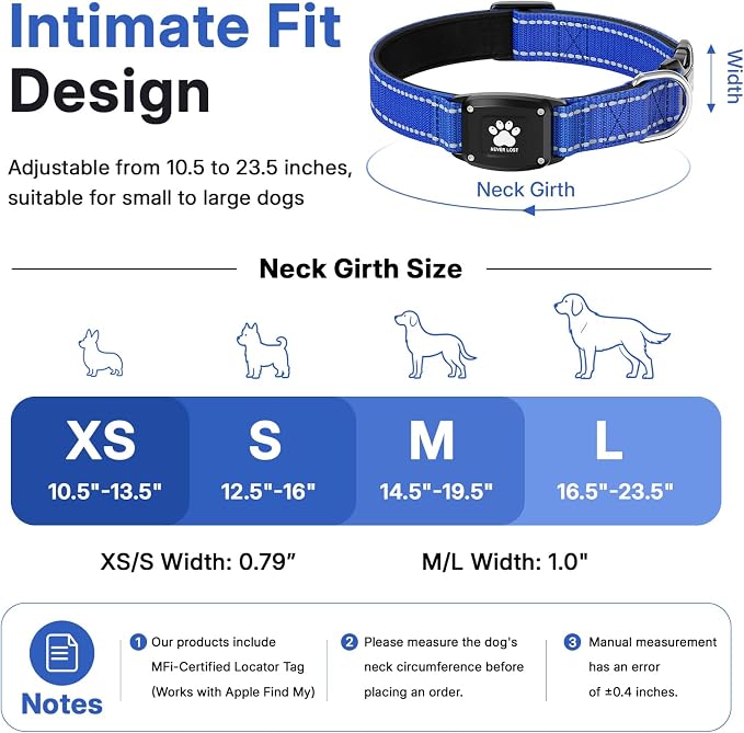 GPS Dog Collar Tracker 2-in-1,Reflective Waterproof Pet Collar,iOS-Only,No Monthly Fees,Unlimited Range,Dog Tracking Collar Pet Tracker,for Small Medium Large Dogs(XS (10.5"-13.5"), Blue)