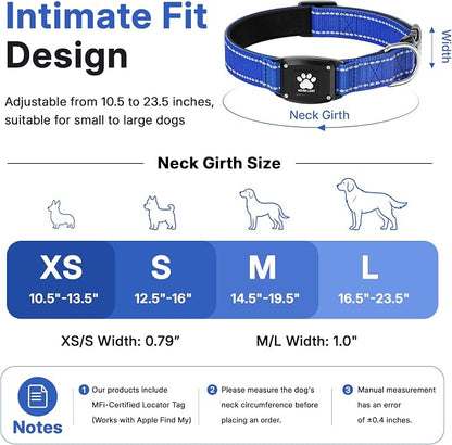 GPS Dog Collar Tracker 2-in-1,Reflective Waterproof Pet Collar,iOS-Only,No Monthly Fees,Unlimited Range,Dog Tracking Collar Pet Tracker,for Small Medium Large Dogs(XS (10.5"-13.5"), Blue)