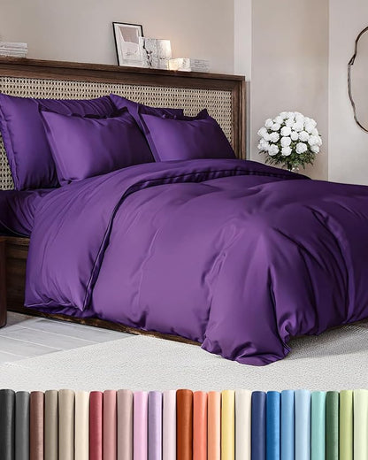 Duvet Cover Full Size Set - Extra Soft Full Duvet Cover 80" x 90" with 2 Pillow Shams - Hotel Luxury, Easy Care and Fade Free w/ Zipper Closures & Ties - All Season, Comfy, Cozy & Breathable (Purple)