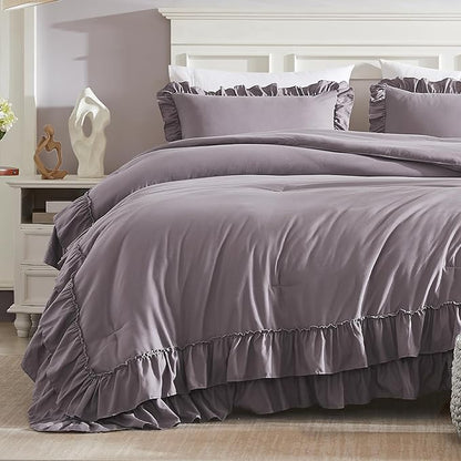 Cupocupa Purple Ruffle King Size Comforter Set, Shabby Chic Boho Bedding Comforter Sets, Fluffy Cozy Bedding Comforters & Sets for All Season, 3PCS Lightweight Farmhouse Rustic Bedding Sets