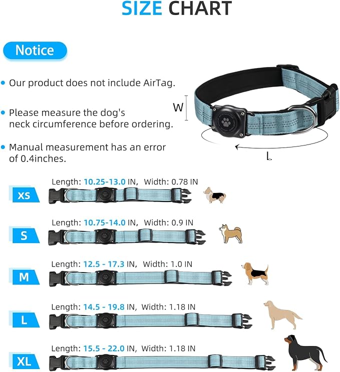 Upgrade Dog Collar with AirTag Holder, IP68 Waterproof, Light Blue, XS | Built-in Water Resistant AirTag holder, 1000D Nylon, Reflective Stitching for Night Visibility, Soft padding for Comfort