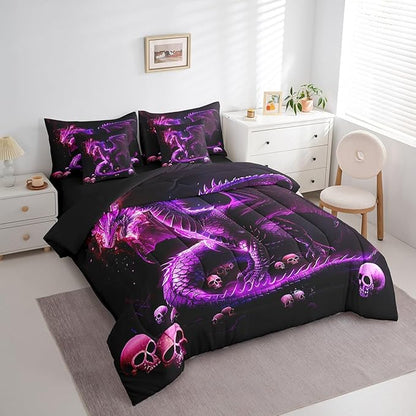 Castle Fairy 3D Dragon Comforter Set,Gothic Halloween Skull Bedding Set for Kids Boys Girls Room Decor,Western Dragon Animal (Comforter+Fitted+Flat Sheet+2 Pillowcases+2 Throw Pillow Covers