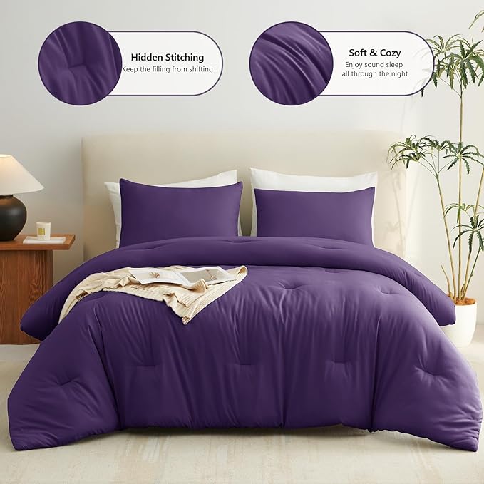 CozyLux Full Size Comforter Set Purple, 3 Pieces Solid Breathable Quilted Bedding Sets, Luxury Lightweight Soft Bed Set with Down Alternative Comforter and 2 Pillowcases for All Seasons