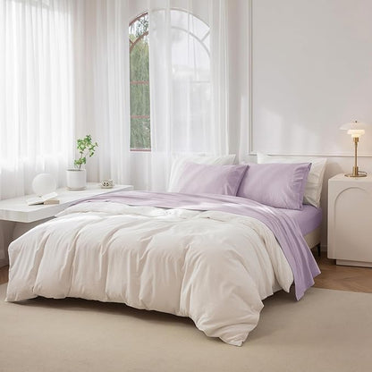 JIYUAN King Size Sheet Set, 4-Piece - 100% Washed Cotton, Linen-Like Soft & Breathable, Includes Deep Pocket Fitted & Flat Sheet with 2 Pillowcases, Hotel Quality, Heathered Light Purple