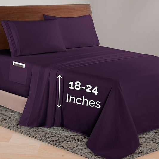 Elegant Comfort Luxurious 1500 Premium Hotel Quality Microfiber 4-Piece Sheet Set, 18-24 Inches Deep - Extra Deep Pocket Sheets - Ultra Soft 4PC Deep Pocket Sheets, King, Eggplant-Purple
