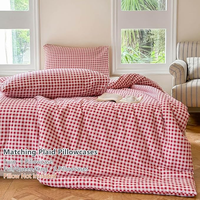 NSNLGSGC Red Gingham Cotton Comforter Set Queen, 100% Washed Cotton Plaid Checked Comforter Bedding, 3 Pieces Vintage Farmhouse Grid Bedding Set(Red Gingham, Queen)