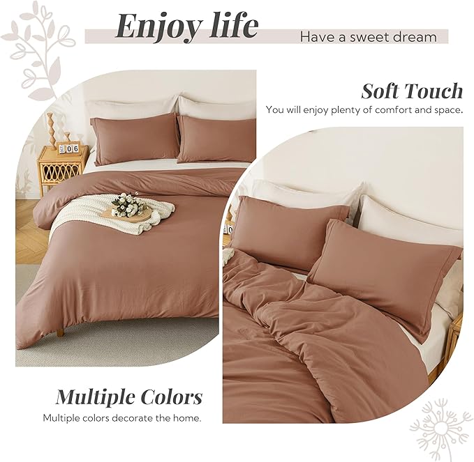 MILDLY Super Soft Duvet Cover - 100% Washed Microfiber Mocha Comforter Cover Set 3 Pieces with Zipper Closure & Corner Ties