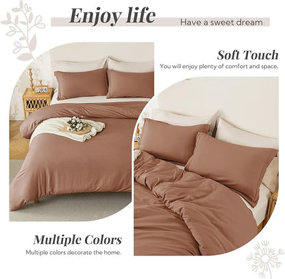 MILDLY Super Soft Duvet Cover - 100% Washed Microfiber Mocha Comforter Cover Set 3 Pieces with Zipper Closure & Corner Ties