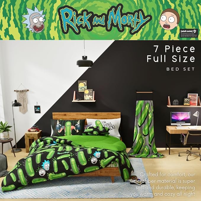 Rick & Morty Bedding 7 Piece Super Soft Cozy Reversible Comforter and Sheet Set with Sham, Full, (Officially Licensed Product) By Franco