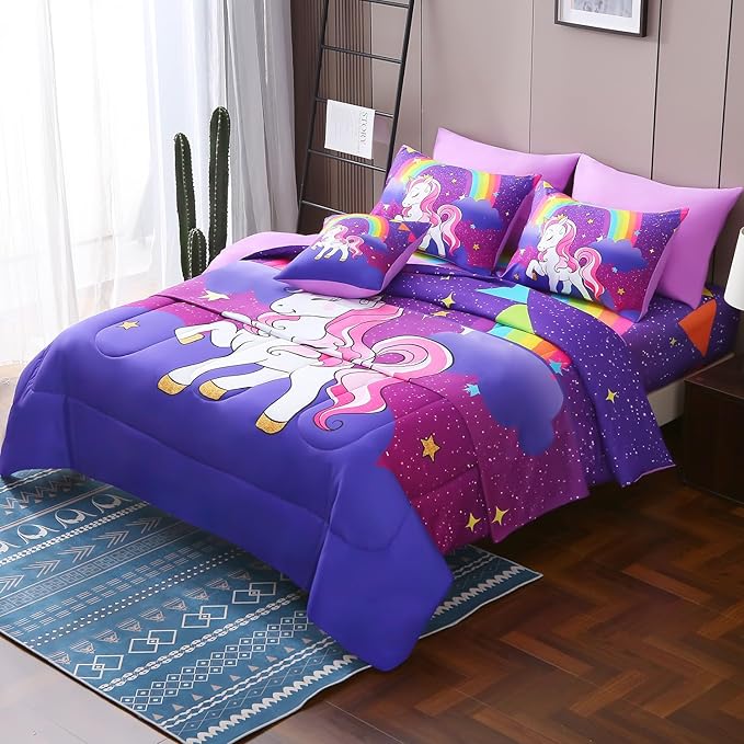 JQinHome Unicorn Queen Bedding Sets for Girls Kids,8 Piece Bed in A Bag 3D Purple Rainbow Theme Unicorn Comforter Set with Sheet Set(Rainbow)