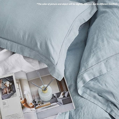 Simple&Opulence 100% Linen Duvet Cover Set with Embroidery Border Washed - 3 Pieces (1 Duvet Cover & 2 Pillow Shams) with Button Closure Soft Breathable Farmhouse - Dusty Blue, Full Size