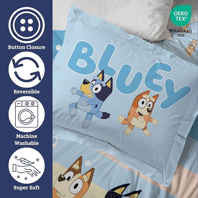 Jay Franco Kids Duvet Cover Set – 3 Piece Super Soft Bedding with Sham Pillowcase, Cover ONLY - Comforter Not Included, Multi - Bluey, Full
