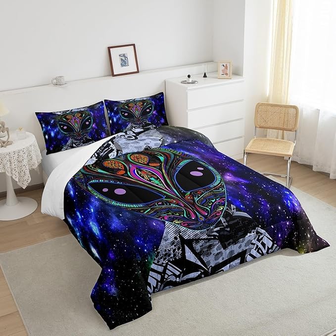 Feelyou Alien Printed Comforter Kids Galaxy Outer Space Themed Bedding Set Boys Girls Trippy Alien Hippie Skull Decor Comforter Set Colorful Tie Dye Quilted Duvet Bedroom Bed Set Toddler Size