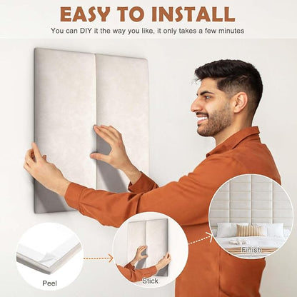 IFNOW Wall Mounted Headboard, Peel and Stick Panels, Lvory White, King | Upholstered 3D Soundproof Acoustic Panels Reusable and Removable Padded Leather Bed Headboard, 12 Panels 9.84" x 23.62"
