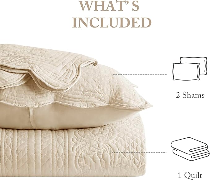 Madison Park Queen Quilt Set Damask Coverlet Set for Queen Size Bed, Cottage Oversized Quilt Set, Scallop Edge, All Season, Pre-washed Cotton-Filled Queen Size Quilt, Tuscany, Full/Queen Cream 3 Piece