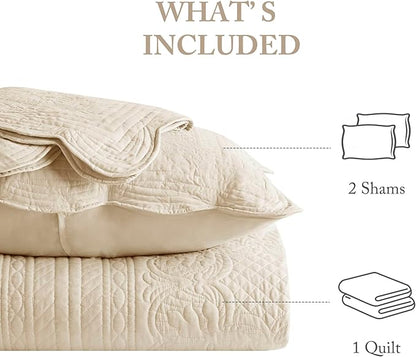 Madison Park Queen Quilt Set Damask Coverlet Set for Queen Size Bed, Cottage Oversized Quilt Set, Scallop Edge, All Season, Pre-washed Cotton-Filled Queen Size Quilt, Tuscany, Full/Queen Cream 3 Piece