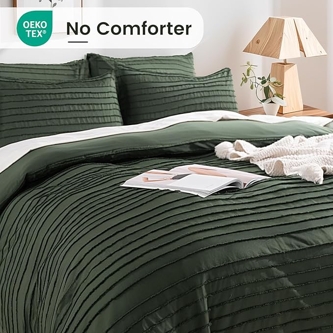 NEXHOME PRO Twin Duvet Cover,2 Pieces Boho Tufted Duvet Cover Set, Soft and Lightweight 100% Washed Microfiber Comforter Cover Set for All Season(Olive Green,66 x 90)-No Comforter
