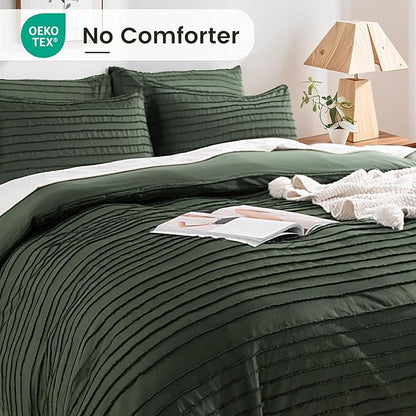 NEXHOME PRO Duvet Cover Queen,3 Pieces Boho Tufted Duvet Cover Set, Soft and Lightweight 100% Washed Microfiber Comforter Cover Set for All Season(Olive Green,90 x 90)-No Comforter
