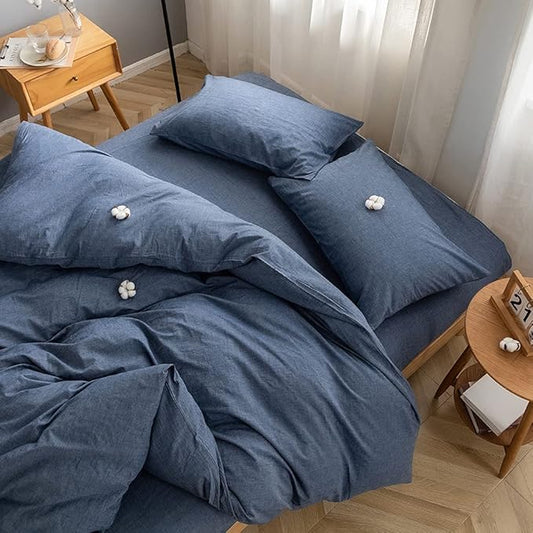 FACE TWO FACE Bedding Duvet Cover Set100% Washed Cotton Duvet Cover Linen Like Textured Breathable Durable Soft Comfy (Full, Navy Blue)