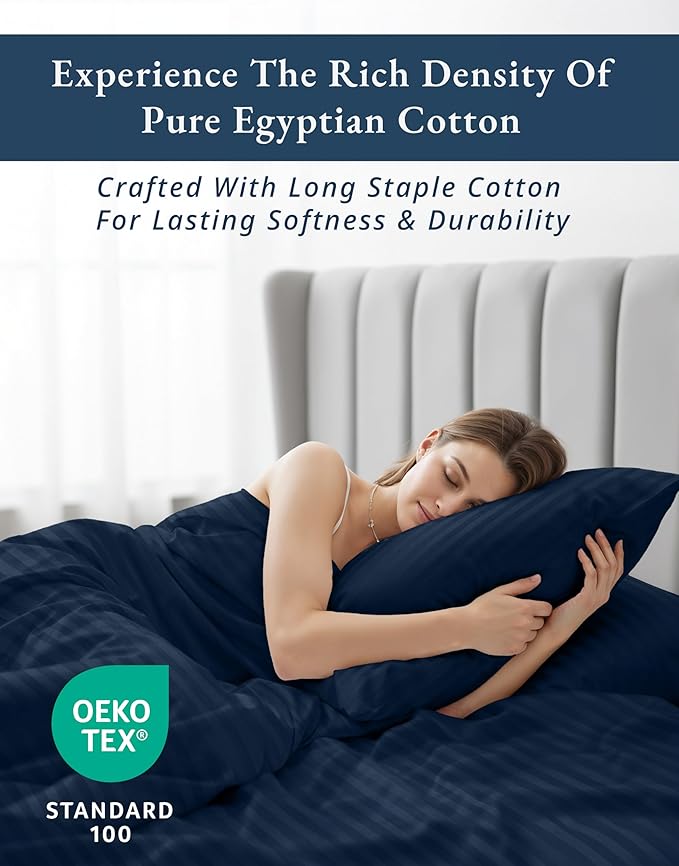 LANE LINEN 100% Egyptian Cotton Sheets King Size, Fully Elasticized Reinforced Seams Extra Deep Pocket King Sheet, No Pill Fade Resistant Cooling Sheets King Size Damask Stripe - Navy