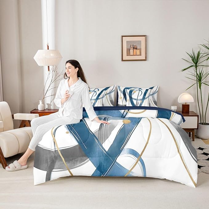 Erosebridal Blue Abstract 7 Piece Comforter Set Twin Modern Gold Grey Line Bedding Set Minimalist Simple Cool Unique Geometric Comforter for Man Teens Fashion Aesthetic Sheet Set Room Decor