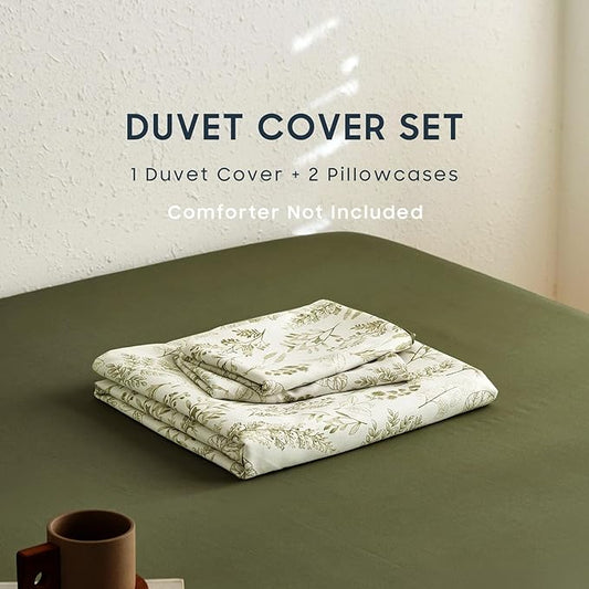 Wake In Cloud - Floral Duvet Cover Set, Botanical Vintage Flower Coquette Cottagecore Aesthetic for Women Teen Girls, Soft Lightweight Bedding, 3-Piece, Olive Green, Twin/Twin XL Size