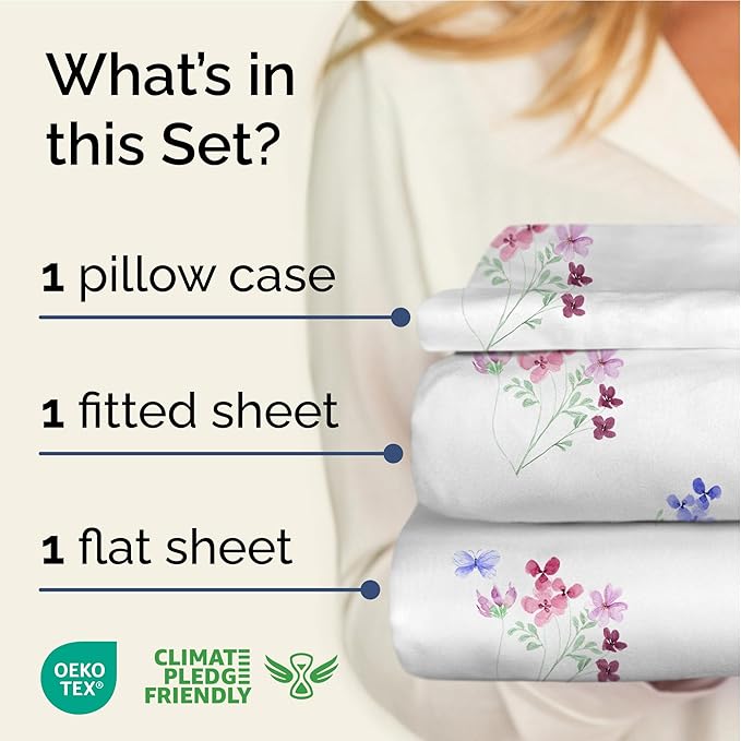 Floral Sheets - Butterfly Floral Bed Sheet Set - 1 Flat, 1 Fitted & 1 Pillowcase w/ Deep Pockets - Comfy, Wrinkle & Fade Free - Boho Botanical Bedding - Soft, Breathable and Cooling - Twin XL Size Set