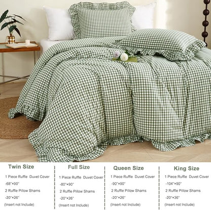 Sage Green/White Plaid Ruffle Duvet Cover Queen Size,100% Washed Cotton 3 Pcs Vintage Checkered Chic Gingham Farmhouse Bedding Set Comforter Cover Set