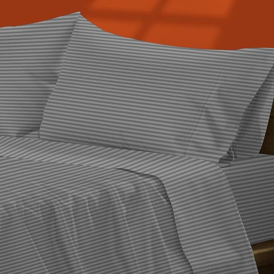 TEXAS LINEN CO. 100% Egyptian Cotton Sheets California King Size - 1500 Thread Count Damask Sheet Set Egyptian Cotton, 4 PC Luxury Bedsheet (Dark Grey Stripe), Cooling, 17" Deep Pocket Bedsheet Set