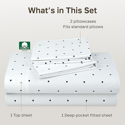 California Design Den Queen Sheet Set - 400 Thread Count Sateen, Natural 100% Cotton Sheets for Queen Size Bed, Deep Pocket and Durable Bedding - Polka Dot