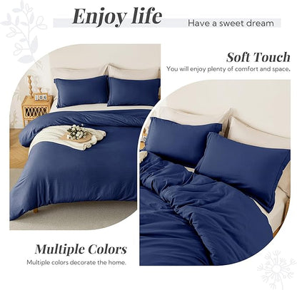 MILDLY Super Soft Duvet Cover 2pcs - 100% Washed Microfiber Navy Blue Comforter Cover Set with Zipper Closure & Corner Ties (No Comforter)