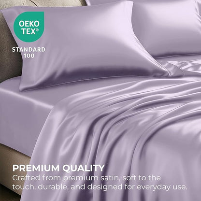 Pure Bedding Satin Sheets California King [4-Piece, Lavender] Hotel Luxury Silky Bed Sheets - Extra Soft Microfiber Sheet Set, Wrinkle Resistant - Deep Pocket Fitted Sheet, Flat Sheet, Pillow Cases