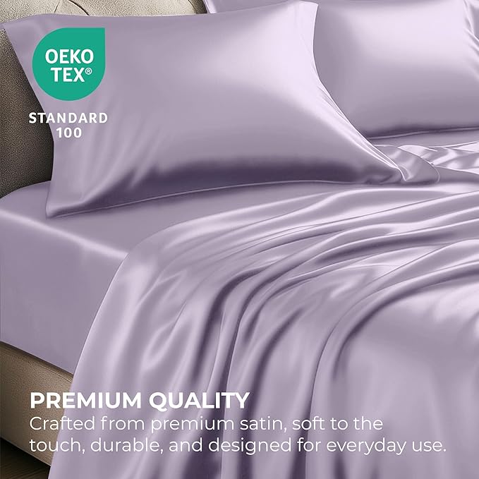 Satin Sheets Queen [4-Piece, Lavender] Hotel Luxury Silky Bed Sheets - Extra Soft 1800 Microfiber Sheet Set, Wrinkle, Fade, Stain Resistant - Deep Pocket Fitted Sheet, Flat Sheet, Pillow Cases