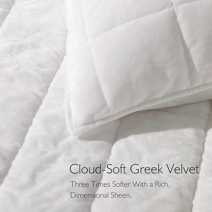 Greek Velvet Twin Quilt Set, 3× Softer Luxe Sheen, 100% Cotton Backing, 150GSM Down-Alternative Fill, Expanded 68×90" Coverage for Fuller Side Drape (1 Quilt + 1 Pillow Shams), Brilliant White