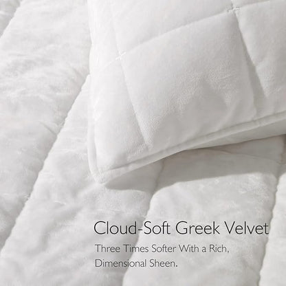 Greek Velvet Twin Quilt Set, 3× Softer Luxe Sheen, 100% Cotton Backing, 150GSM Down-Alternative Fill, Expanded 68×90" Coverage for Fuller Side Drape (1 Quilt + 1 Pillow Shams), Brilliant White