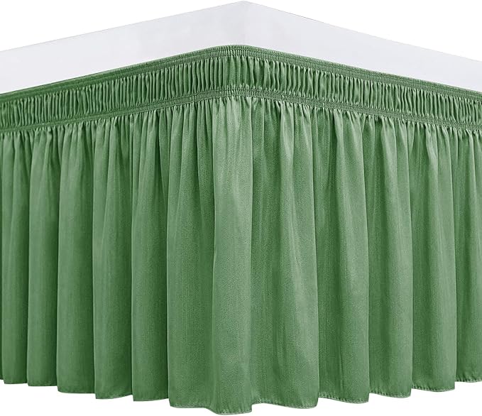 Biscaynebay Wrap Around Bed Skirts for Queen Beds 16" Drop, Sage Adjustable Elastic Dust Ruffles Easy Fit Wrinkle Resistant Silky Luxurious Fabric Machine Washable