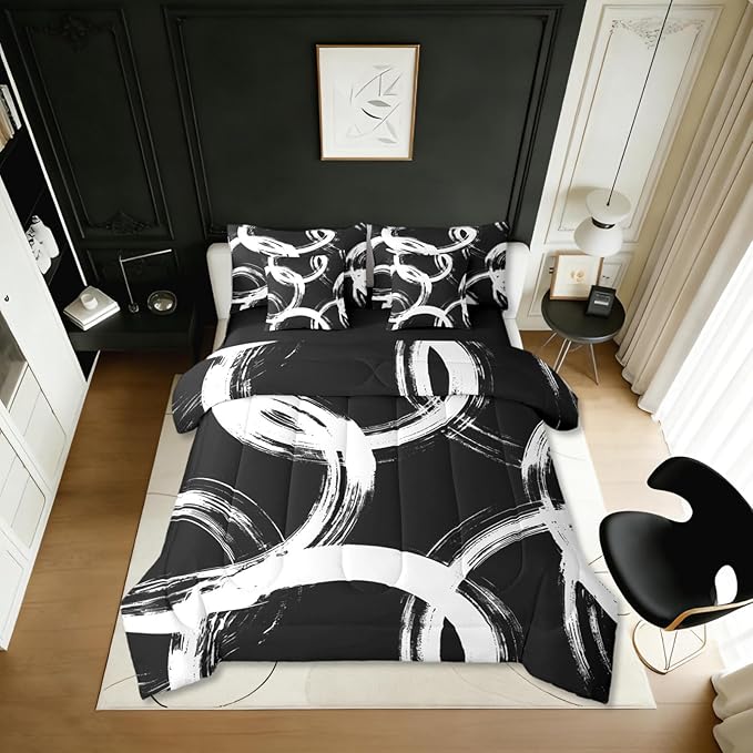 Erosebridal White and Black 7 Pcs Comforter Set King Abstract Line Minimalist Ink Painting Bedding Set for Kids Boys Girls Simple Graffiti Art Modern Geometric Sheet Set Boho Cool Unique Mens Quilt
