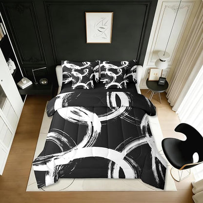Erosebridal White and Black 7 Pcs Comforter Set Queen Abstract Line Minimalist Ink Painting Bedding Set for Kids Boys Girls Simple Graffiti Art Modern Geometric Sheet Set Boho Cool Unique Mens Quilt