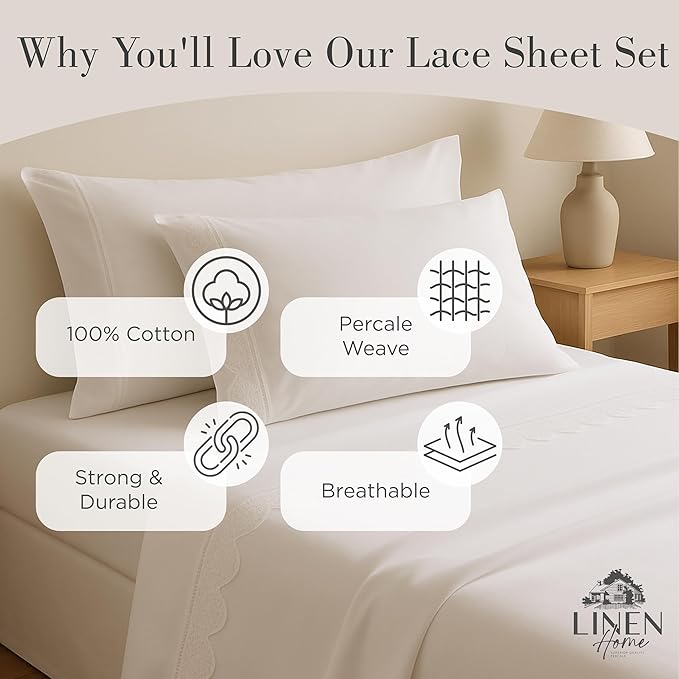 Linen Home 100% Cotton Percale Fluer Lace Pillowcases Queen/Standard Size, White, 2 Pieces of Pillow Case, Crisp and Cool Strong Bed Linen, 20 inches X 30 inches