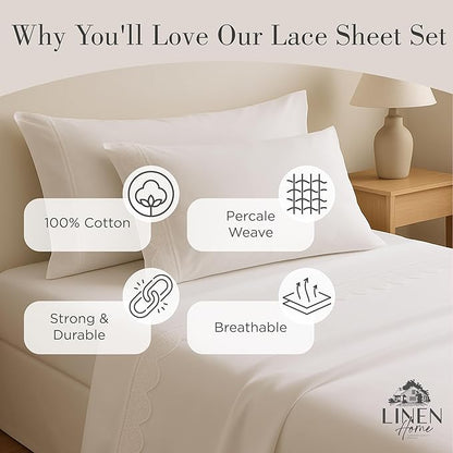 Linen Home 100% Cotton Percale Fluer Lace Pillowcases King Size, White, 2 Pieces of Pillow Case, Crisp and Cool Strong Bed Linen, 20 inches X 40 inches