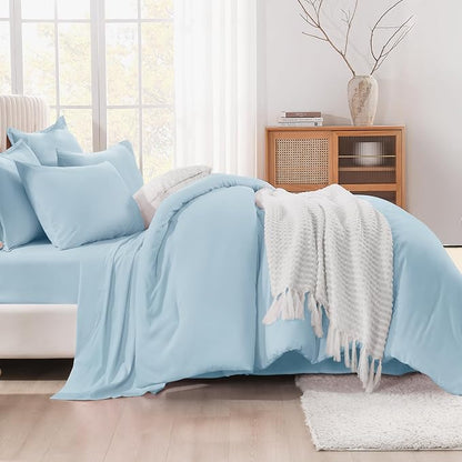 Litanika Comforter Full Size Set Light Blue - 7 Pieces Bed in a Bag Full Bedding Comforter Sets, Plain Lightweight Bed Set with Comforter, Sheets, Pillowcases & Shams