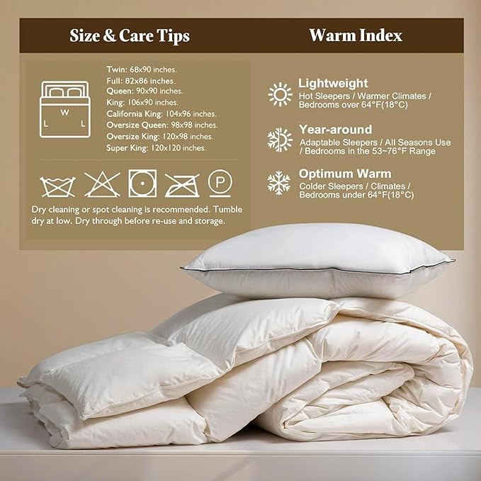 BPC Lightweight Organic Feather Down Comforter California King, Hotel-Luxury Fluffy Duvet Insert with Cotton Cover and Puffy Feather Down Filling, for Summer/Hot Sleepers, Ivory White, 104x96 Inches